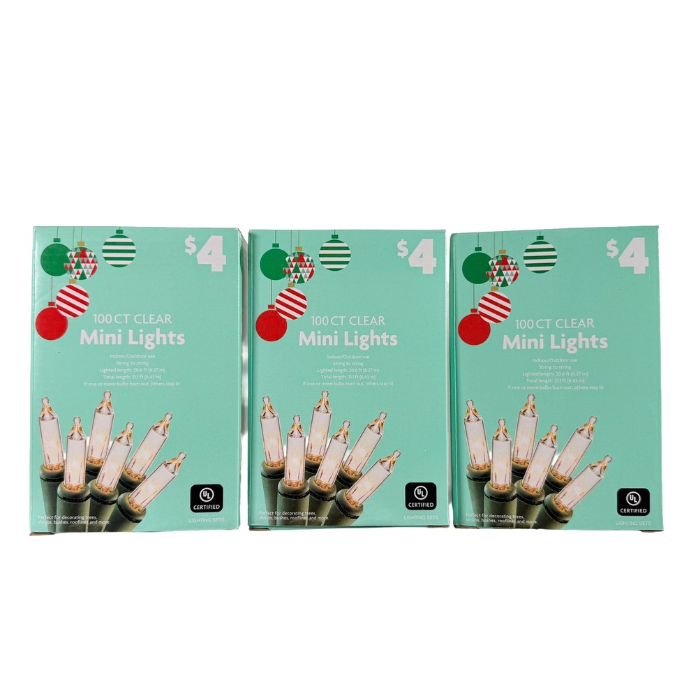 100 CT Clear Mini Lights Christmas Holiday Indoor Outdoor String Lot of 3